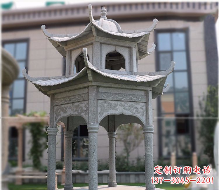 无锡小区大理石六角石雕双层凉亭