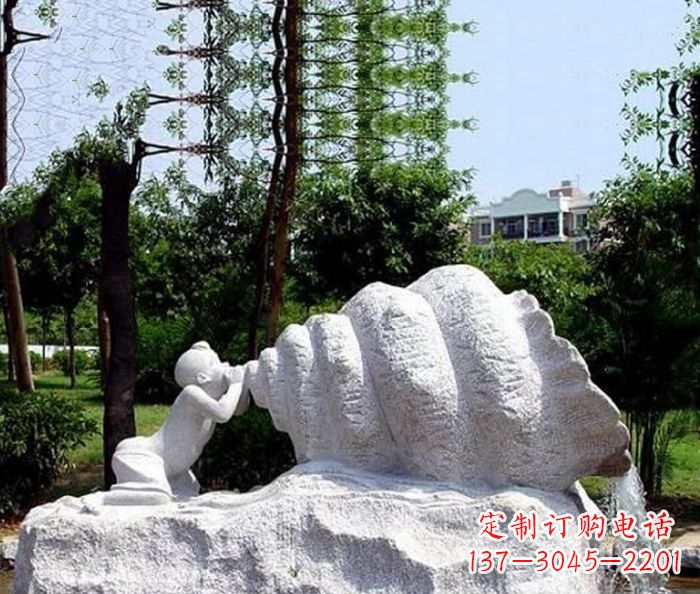 无锡小区景观小孩吹螺号石雕