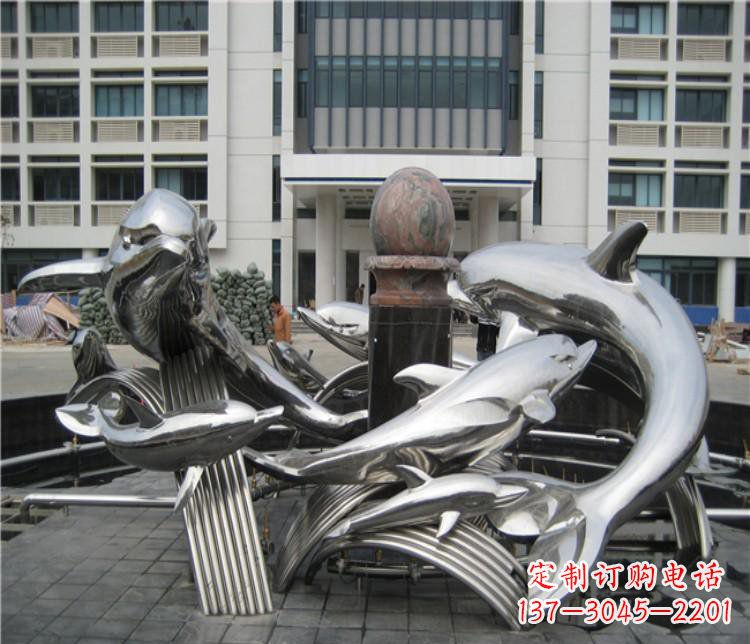 无锡校园不锈钢海豚海浪雕塑