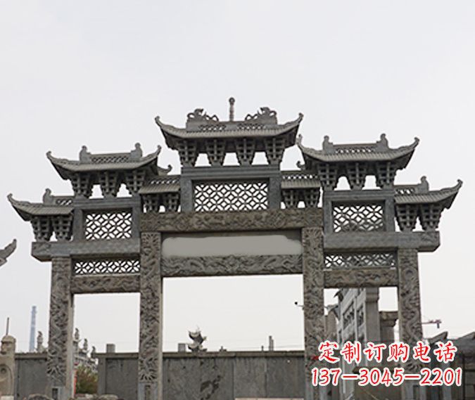 无锡园林仿古三门牌坊石雕 (4)