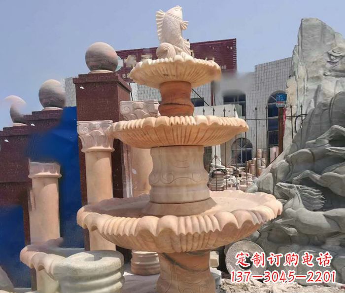 无锡园林景观晚霞红鲤鱼喷泉石雕