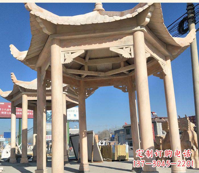 无锡园林景观晚霞红六角石雕凉亭 (2)