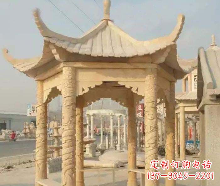 无锡园林景观晚霞红六角石雕凉亭 (3)