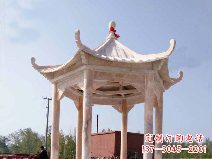 无锡园林景观晚霞红六角石雕凉亭