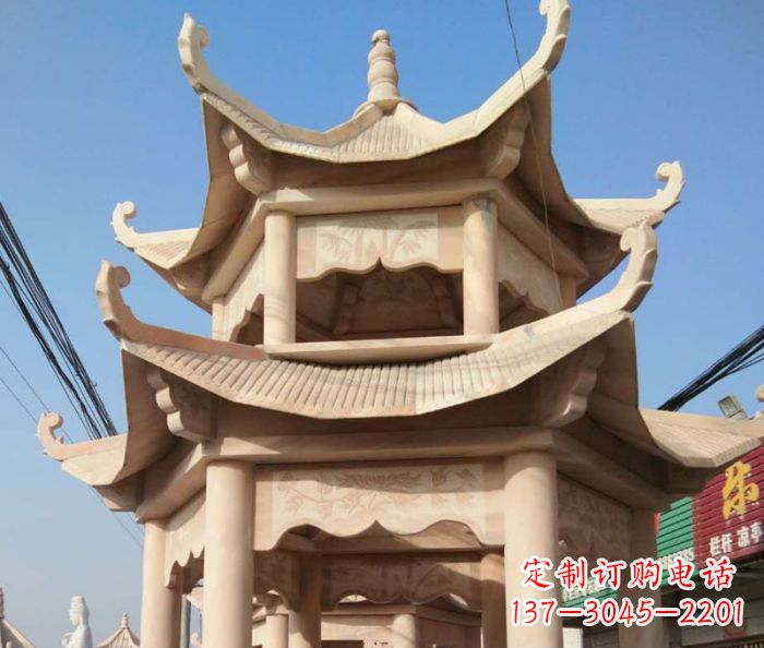 无锡园林景观晚霞红双层石雕凉亭 (2)