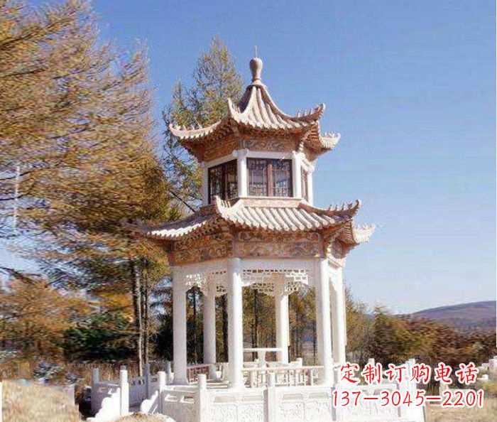 无锡园林景观晚霞红双层石雕凉亭 (3)