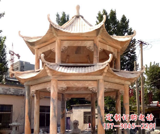 无锡园林景观晚霞红双层石雕凉亭