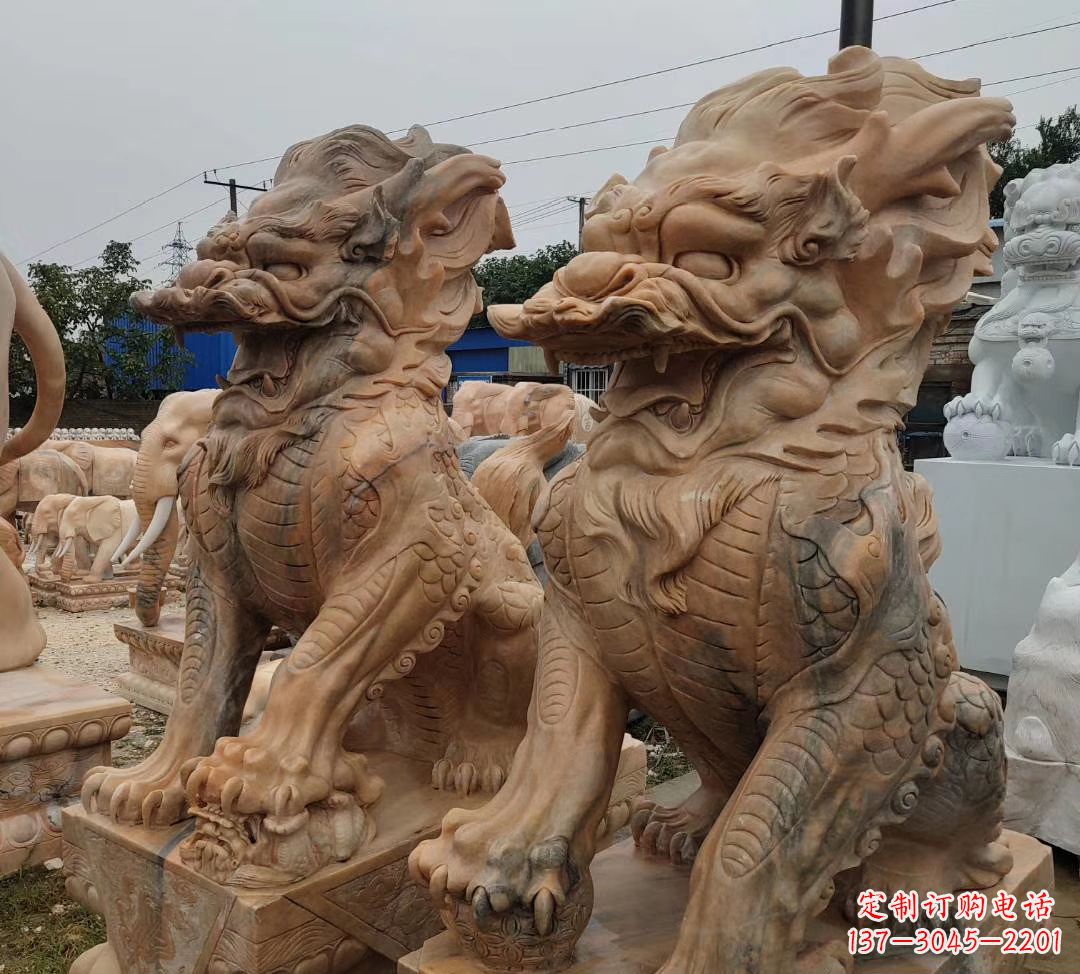 无锡园林晚霞红古代招财神兽麒麟石雕