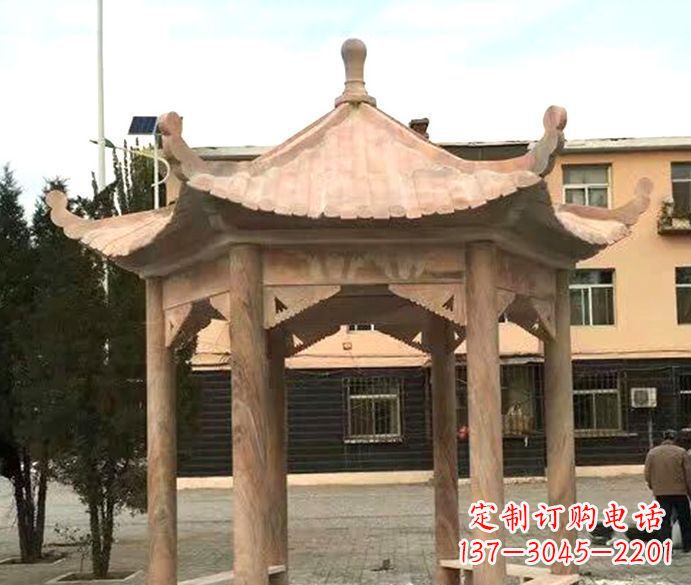 无锡园林晚霞红六角石雕凉亭