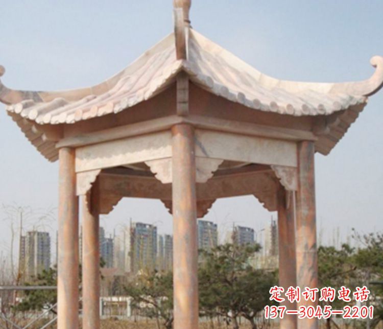 无锡园林晚霞红六角石凉亭景观石雕