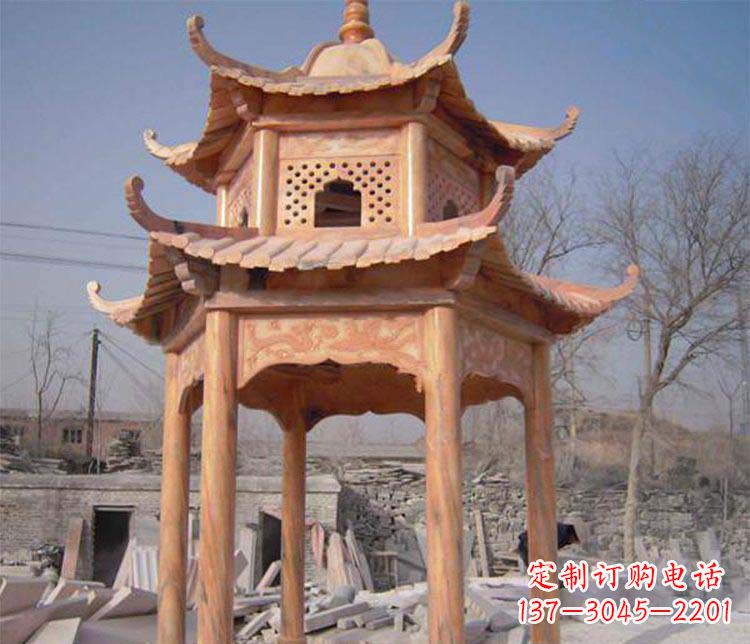 无锡园林晚霞红石凉亭景观石雕