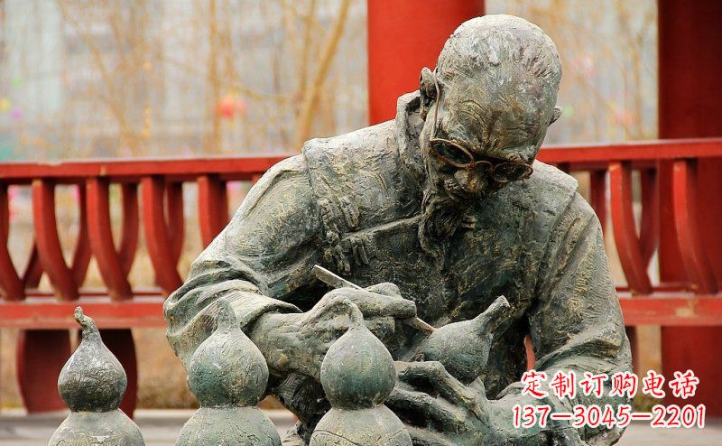 无锡园林在葫芦上刻字的老人小品铜雕