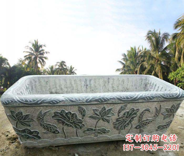 无锡长方形连年有余荷花浮雕石水缸