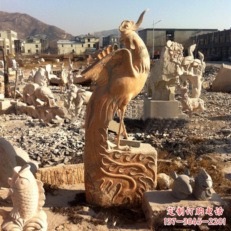 无锡中国文化元素神鸟凤凰晚霞红石雕