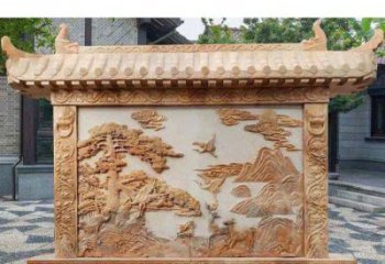 无锡园林景观晚霞红松鹤石浮雕影壁