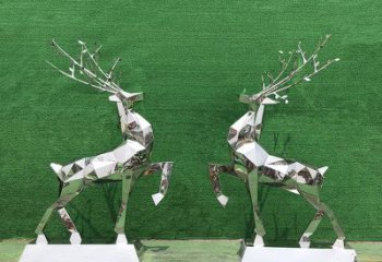 无锡梅花鹿雕塑-公园两只不锈钢镜面梅花鹿雕塑